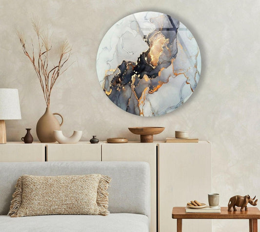 My Photostation.com 31.5''(80cm) Diameter Gold Details Gray Marble Round Glass Wall Art Tempered Glass Printing Wall Decor Large Wall Art Wall Hangings