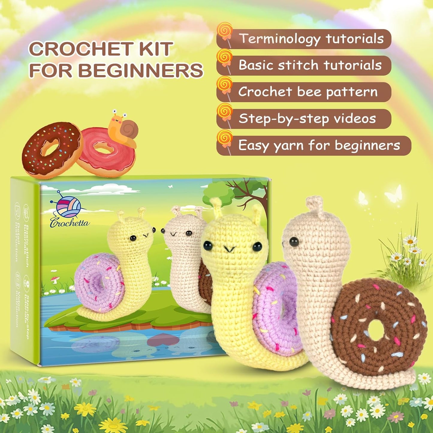 Crochetta Crochet Kit for Beginner, Crochet Starter Kit w Step-by-Step Video Tutorials, Learn to Crochet Kits for Adults & Kids, DIY Knitting Supplies, 2-Pack Snail Couple (40%+ Yarn Content)