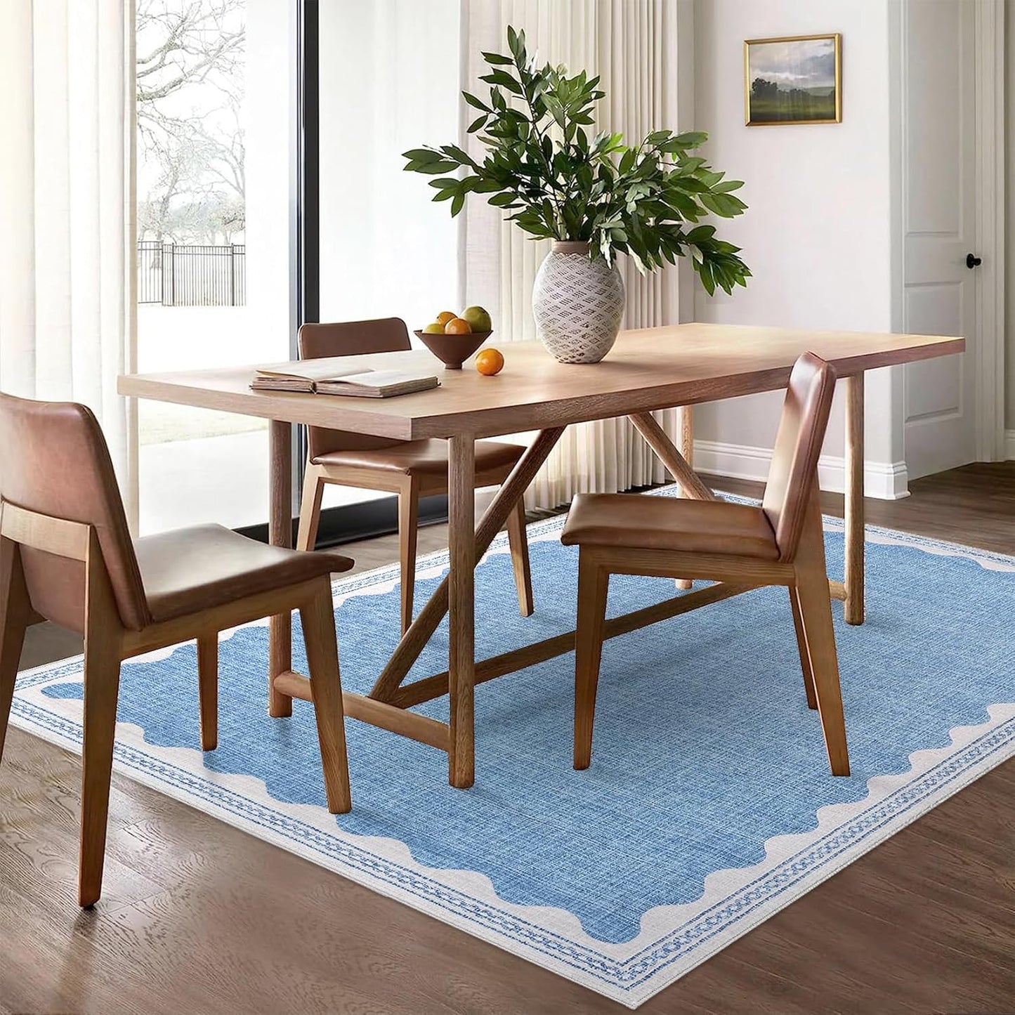 Scalloped Washable Rug 9x12 Area Rugs for Living Room, Solid Blue Rug for Bedroom Girls, Non Slip Throw Mat with Rubber Back, Soft Dorm Nursery 9x12 Carpet for Dining Room