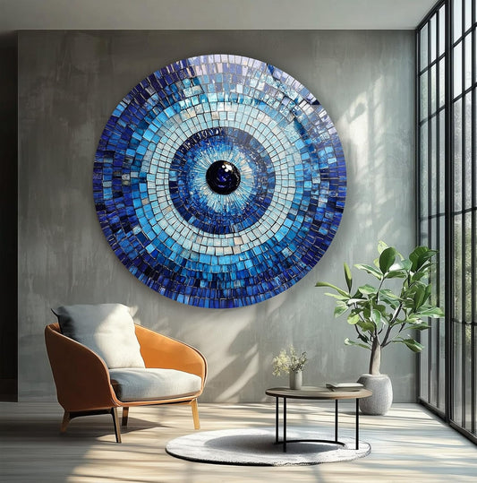 My Photostation.com 27.5''(70cm) Diameter Blue Mosaic Evil Eye Round Glass Wall Art Tempered Glass Printing Wall Decor Large Wall Art Wall Hangings