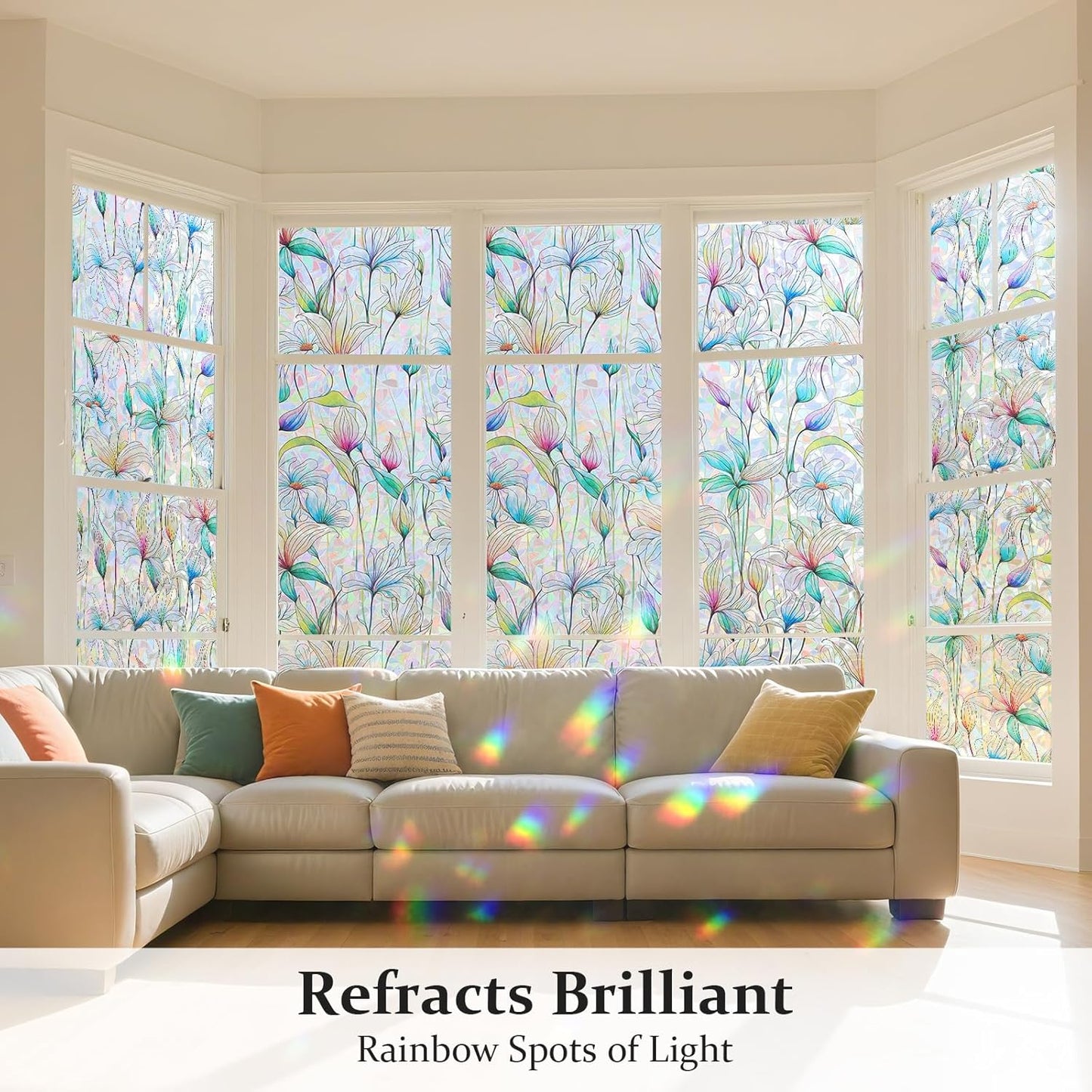 Donox Decorative Window Privacy Film, 3D Floral Stained Glass Window Film Static Cling Rainbow Privacy Sticker for Glass Door Heat Control Anti UV, No Adhesive (Magnolia,23.6 x 78.7 inches)