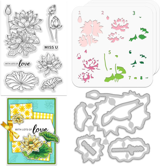 ORIGACH Lotus Layering Stencil Stamp and Die Set for Card Making, Flower Stencil Template Silicone Clear Stamps and Metal Die Sets for DIY Scrapbooking Photo Album Crafting