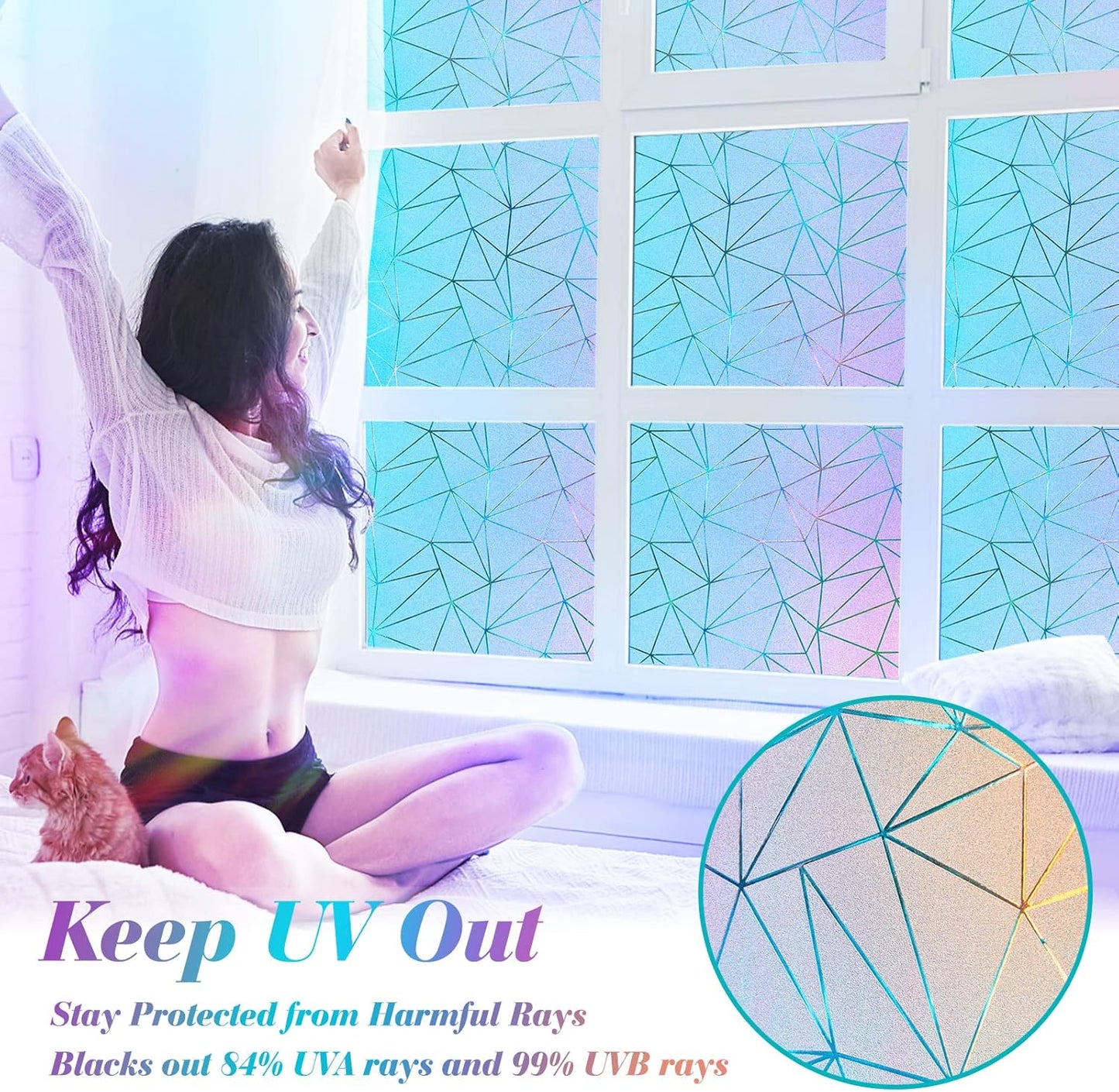 Coavas Rainbow Window Privacy Film, Frosted Glass Static Cling, Decorative for Bathroom Door, UV Blocking Window Cling, Non-Adhesive Vinyl Sticker, Day and Night Windows Tint for Home,23.6x118.1 inch