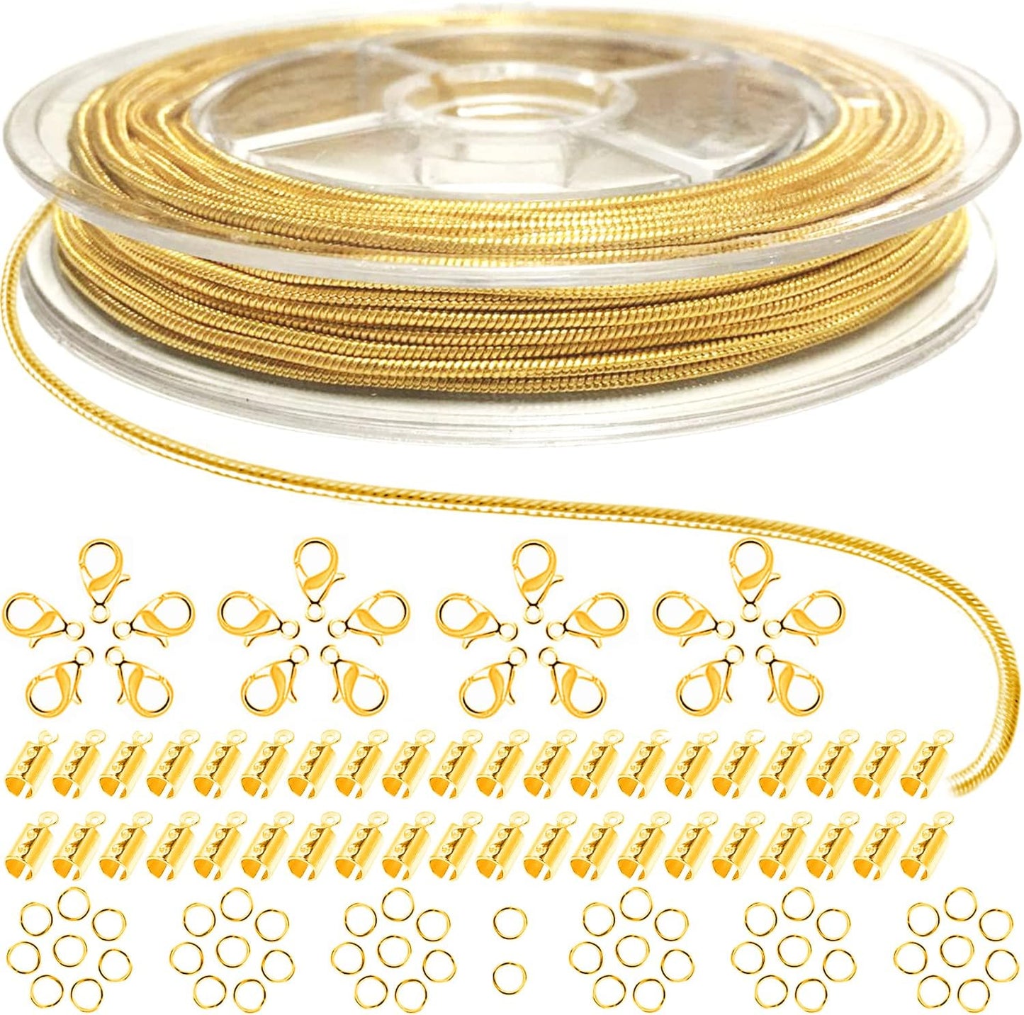 Jishi 33ft Gold Snake Chain 1.2mm Jewelry Making Chains for Necklace Bracelet DIY Jewelry Supplies Findings - Gold Plated Round Snake Cable Chain Link Roll w/Lobster Clasps, Cord Ends & Jump Rings