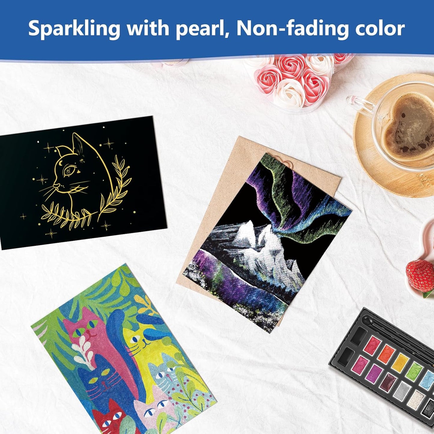 Mini Glitter Watercolor Paint Set with Paper, 12 Colors Shimmer Metallic Watercolour Painting Sets, Solid Pearl Water Color Paints for Adult, Kids(3ml 12 Colors)