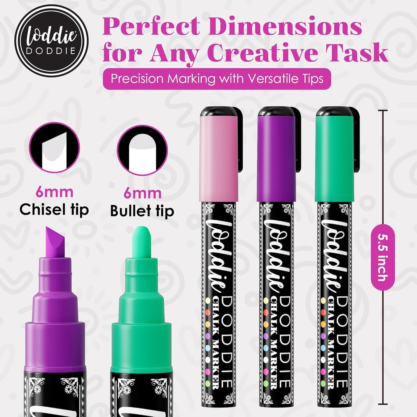 Loddie Doddie Chalk Markers - Pack of 16, 6mm Bullet & Chisel Tips Chalk Pens - Dust-Free Erasable Ink & Dry Erase Markers - Vibrant Pastel & Neon Colors - Pastel Art Pens - Fine & Bold Lines