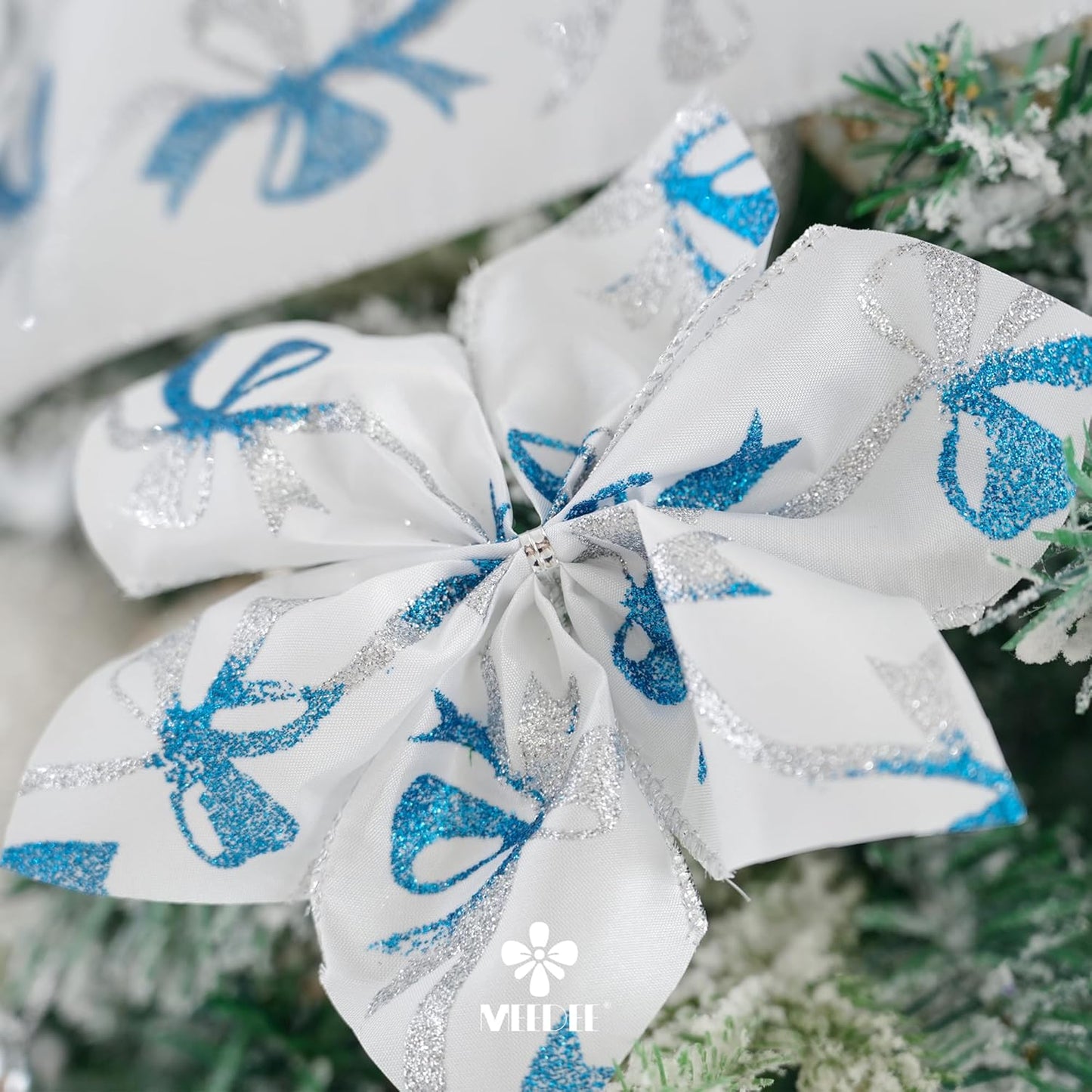 MEEDEE Blue & Silver Christmas Ribbon, 2.5 Inch Wired Satin Ribbon with Turquoise & Silver Glittery Bows, 10 Yards (30 Feet), Perfect for Tree, Garlands, Toppers & Bows