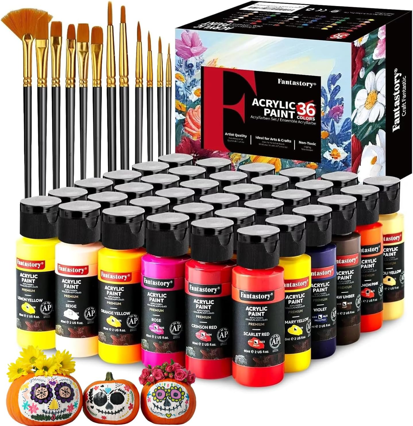 Fantastory Acrylic Paint Set 36 Classic Colors(2oz /60ml) with 12 Brushes, Professional Craft Thick Paints Kits for Adults, Canvas Wood Fabric Ceramic Rock Painting Supplies [Professional Series]