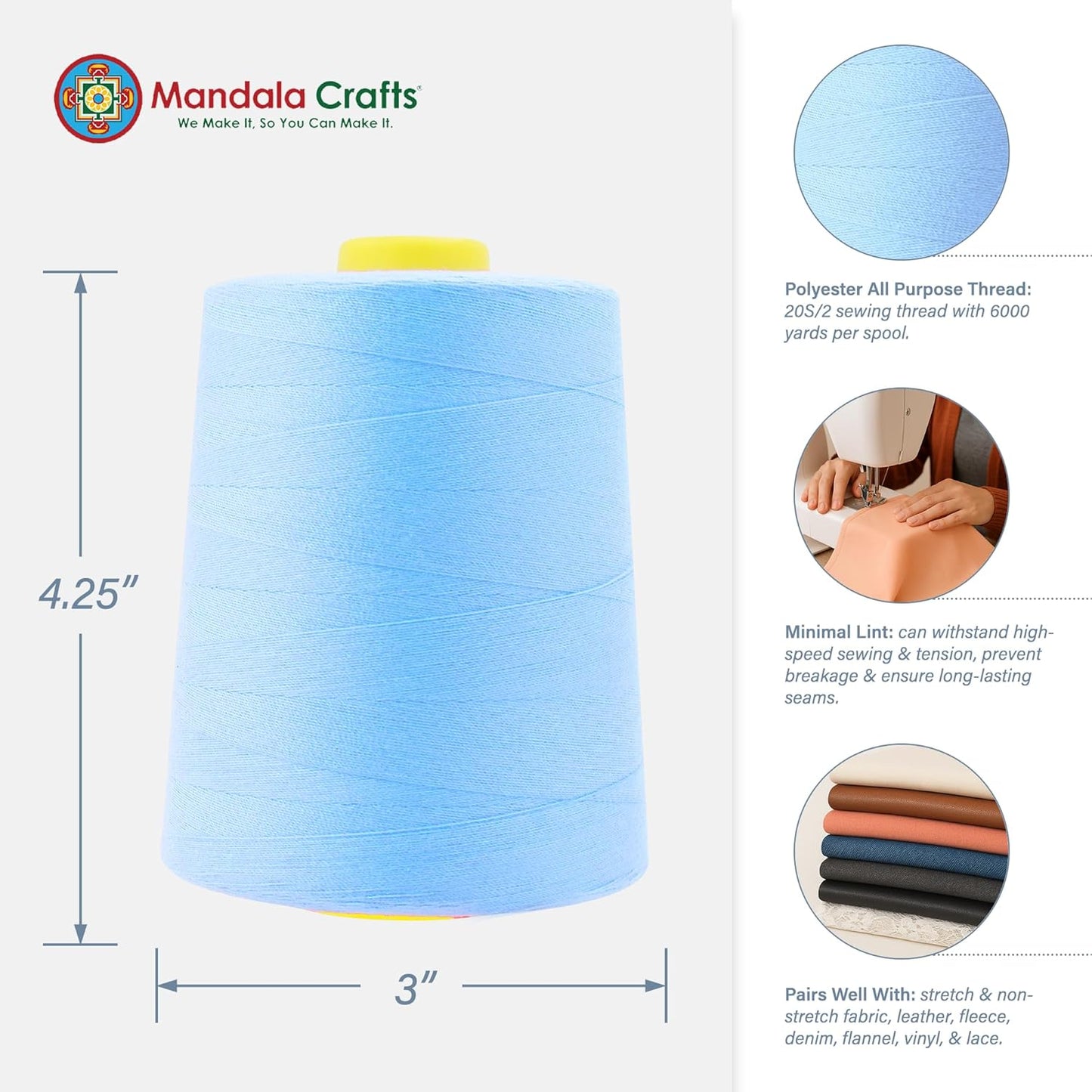 Mandala Crafts 4 Pack of Serger Threads Cones Spools - 20S/2 24000 Yards Polyester Ice Blue Threads for Sergers Machine and Overlock Quilting Sewing Machine