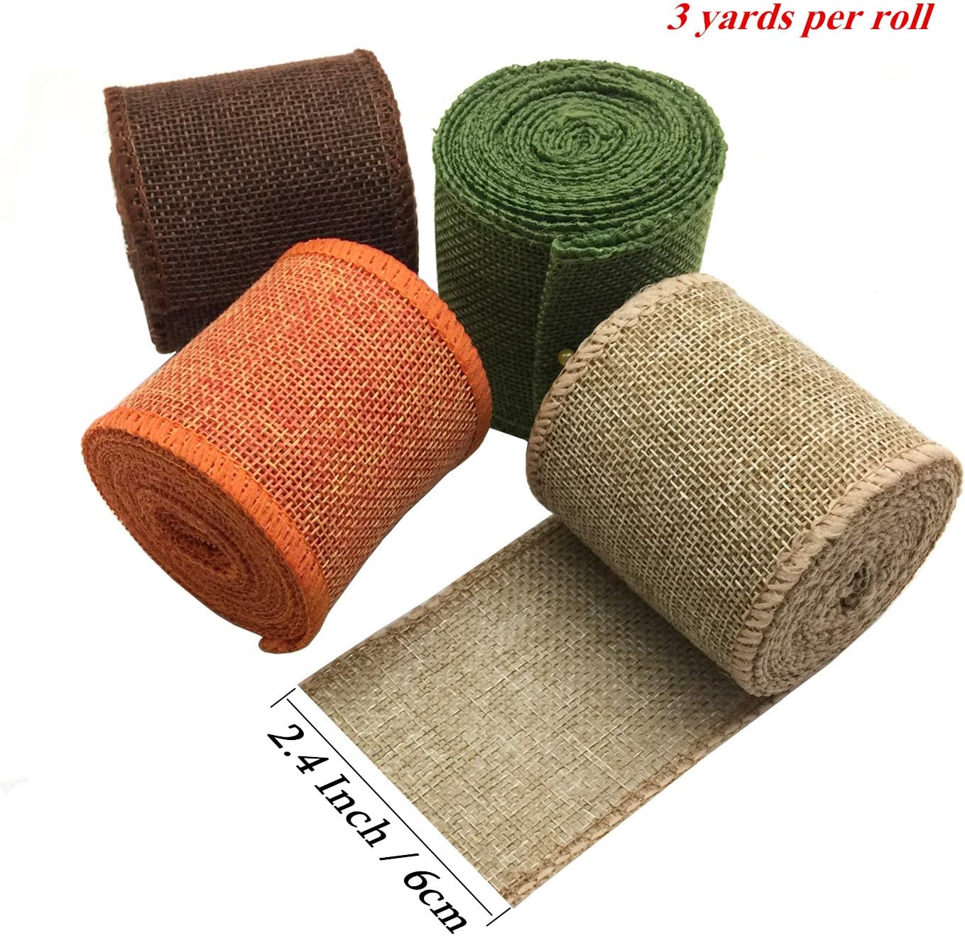 Burlap Ribbon Rolls, Wrapping Burlap Ribbon Natural Orange Brown Olive Green Jute, for Christmas Crafts Decoration Wedding Floral Bows Trims Craft 13.2 Yards 2.4 Inch