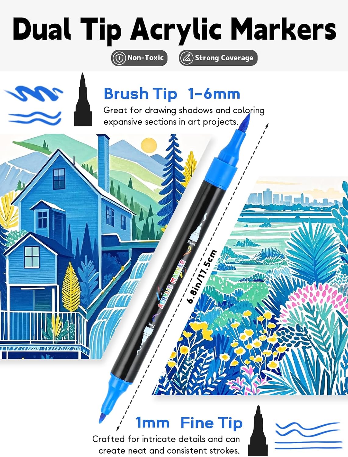 30 Colors Acrylic Paint Pens, Dual Tip Acrylic Paint Markers with Brush and Fine Tips for Kids and Adults, Wood, Canvas, Stone, Rock Painting, Glass, Ceramic Surfaces, DIY Crafts Making