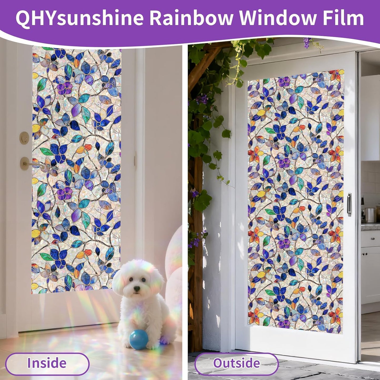 Stained Glass Window Privacy Film Decorative Rainbow Static Clings – Ideal for Home & Office, Adhesive-Free, Removable, UV-Blocking (Purple Rainbow, 17.5 X 78.7 in)