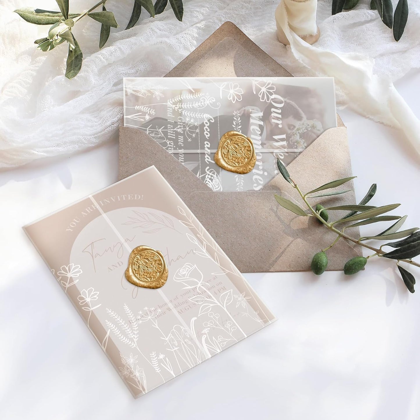 HAUTOCO 100 Pack Vellum Jackets for 5x7 Invitations, Pre-Folded Translucent 135GSM Vellum Paper Wraps, White Flower Envelope Liners Wedding Invitations Accessories