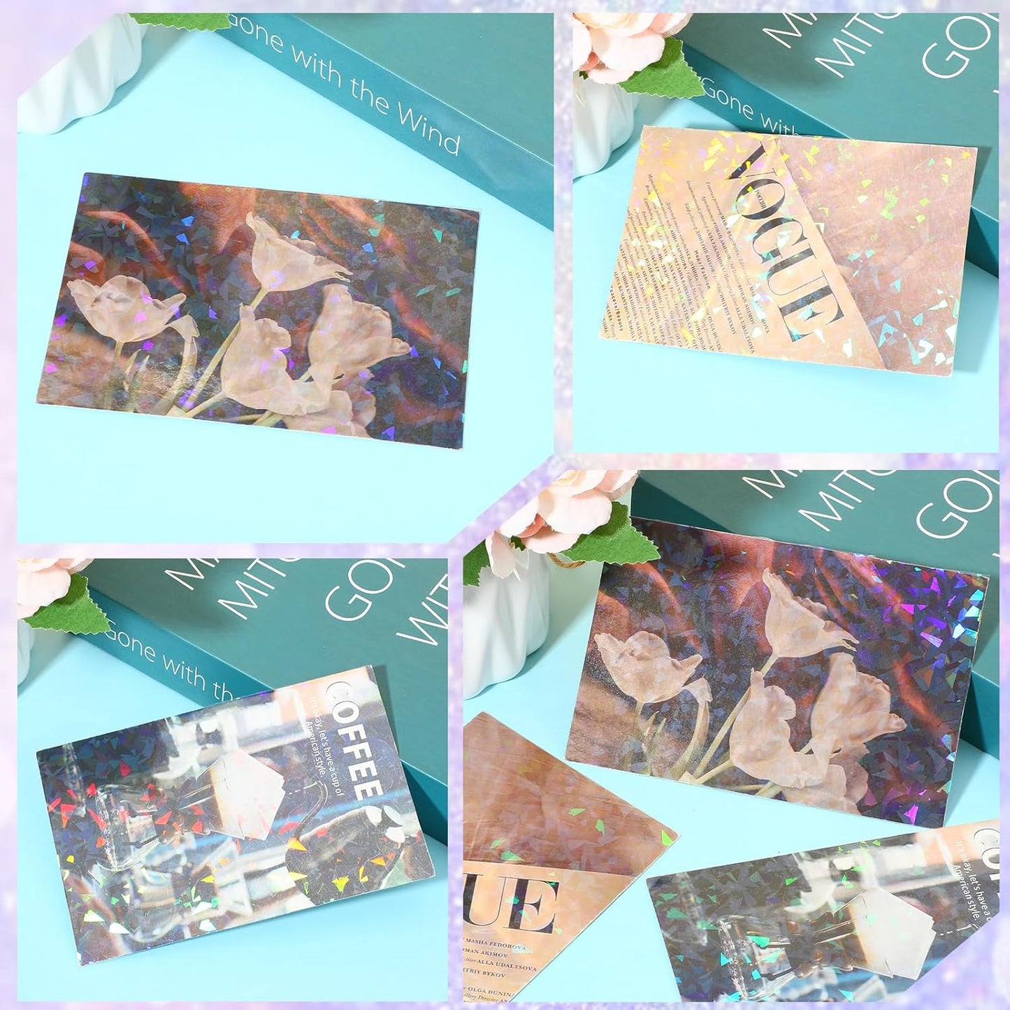 60 Sheets Holographic Laminate Sheets Clear Glitter A4 Size Vinyl Sticker Paper Holographic Overlay Self Adhesive Waterproof Transparent Film, 11.7 x 8.3 Inch (Broken Grass)