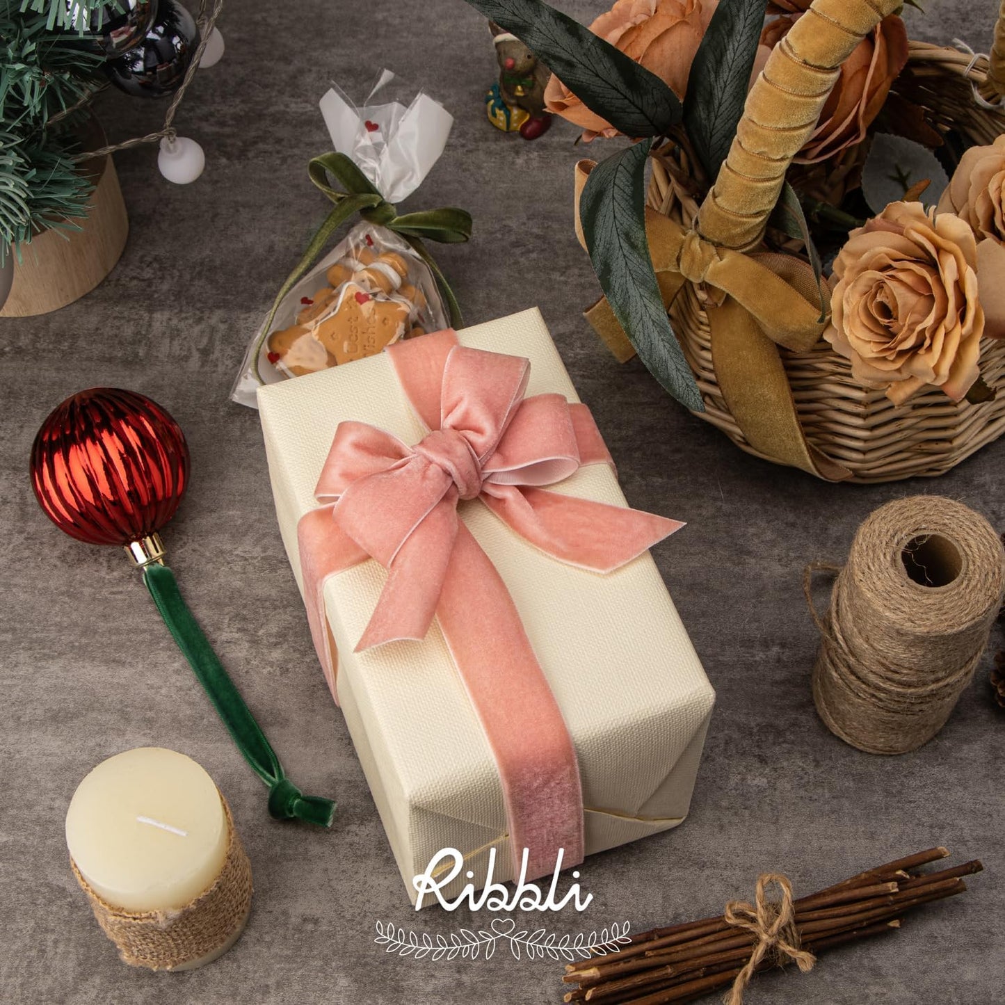 Ribbli Rose Gold Velvet Ribbon 1 Inches Continuous10 Yard Spool Dusty Pink Christmas Ribbon for Gift Wrapping Crafts Home Decor