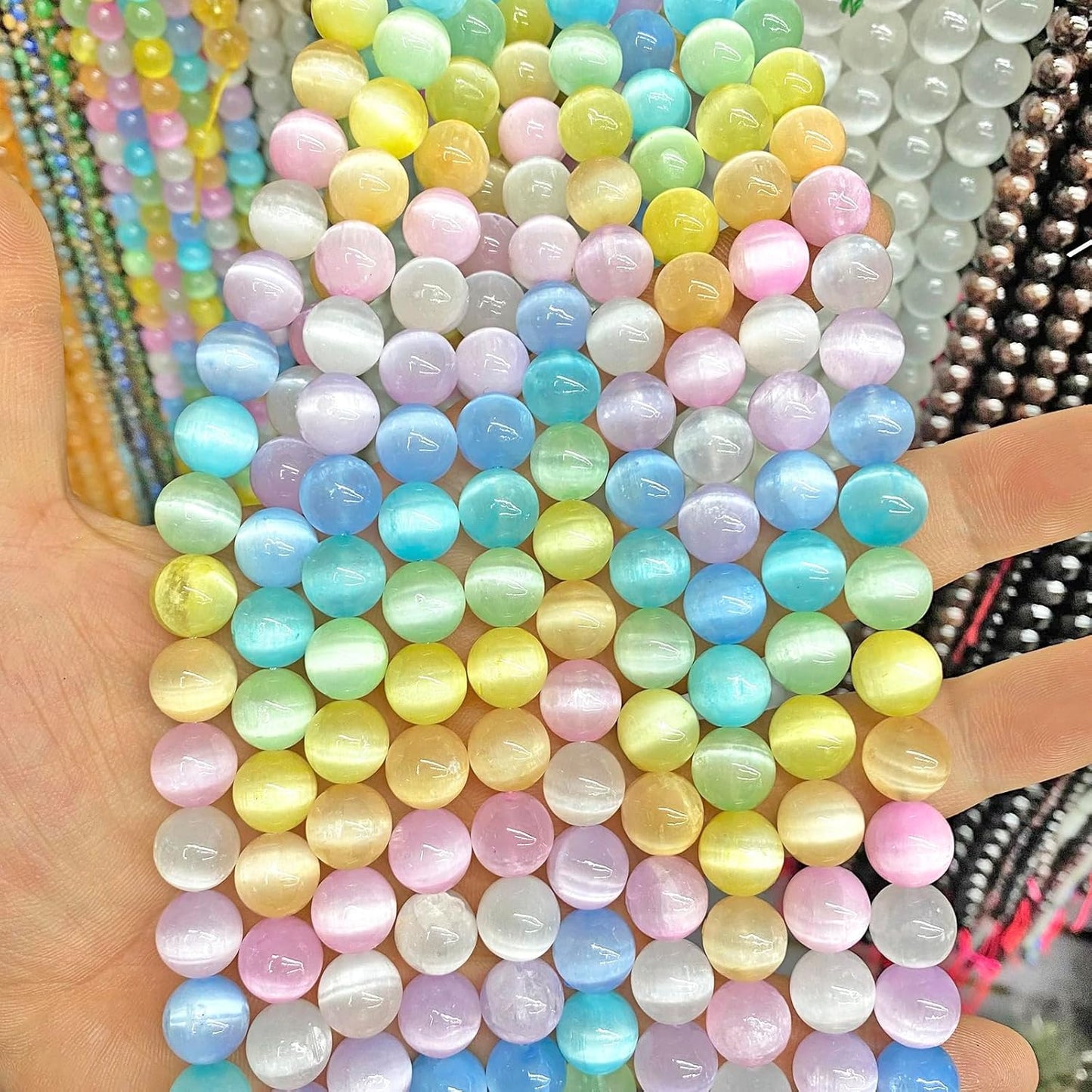 60PCS 6MM Natural Stone Colorful Selenite Gypsum Beads Round Loose Beads for Jewelry Making DIY Bracelet Necklace Accessories 15" Energy Healing Power Stone Beads