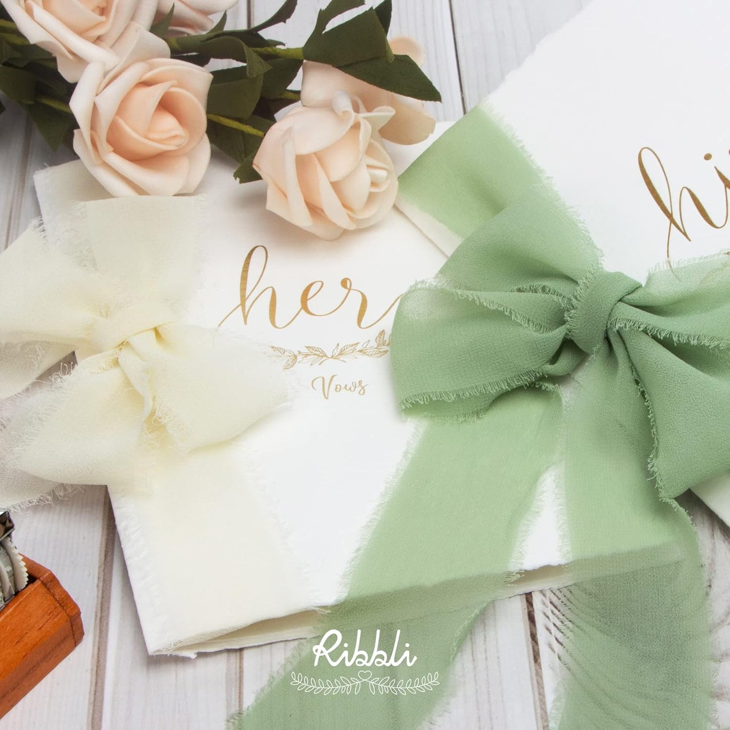 Ribbli Sage Green Chiffon Ribbon - 1-1/2 inch x 20 Yard, Handmade Fringe Chiffon Ribbon for Gift Wrapping, Wedding Invitations, Bridal Bouquets, Flower Arrangement Decoration