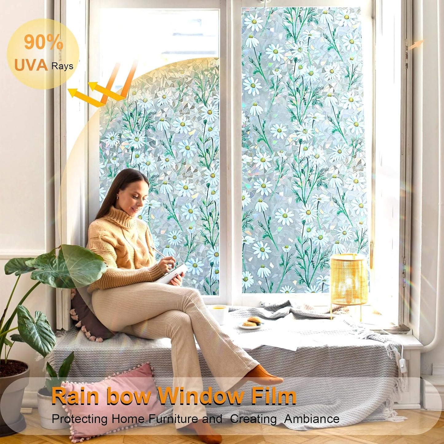 Window Privacy Film Stain Glass Window Film Rainbow Window Film Window clings Non-Adhesive Reusable Decorative for Room (Daisy Rainbow, 45.2 x 157.4 in)