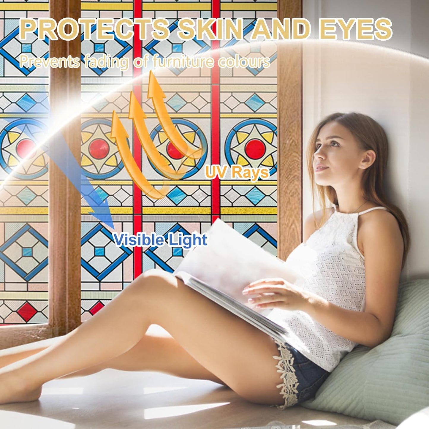 3D Stained Glass Window Privacy Film, Heat Control UV Blocking Static Cling Decorative Window Film for Bathroom,Front Door,Home Non Adhesive,23.6 x 35.4 inches Radiance