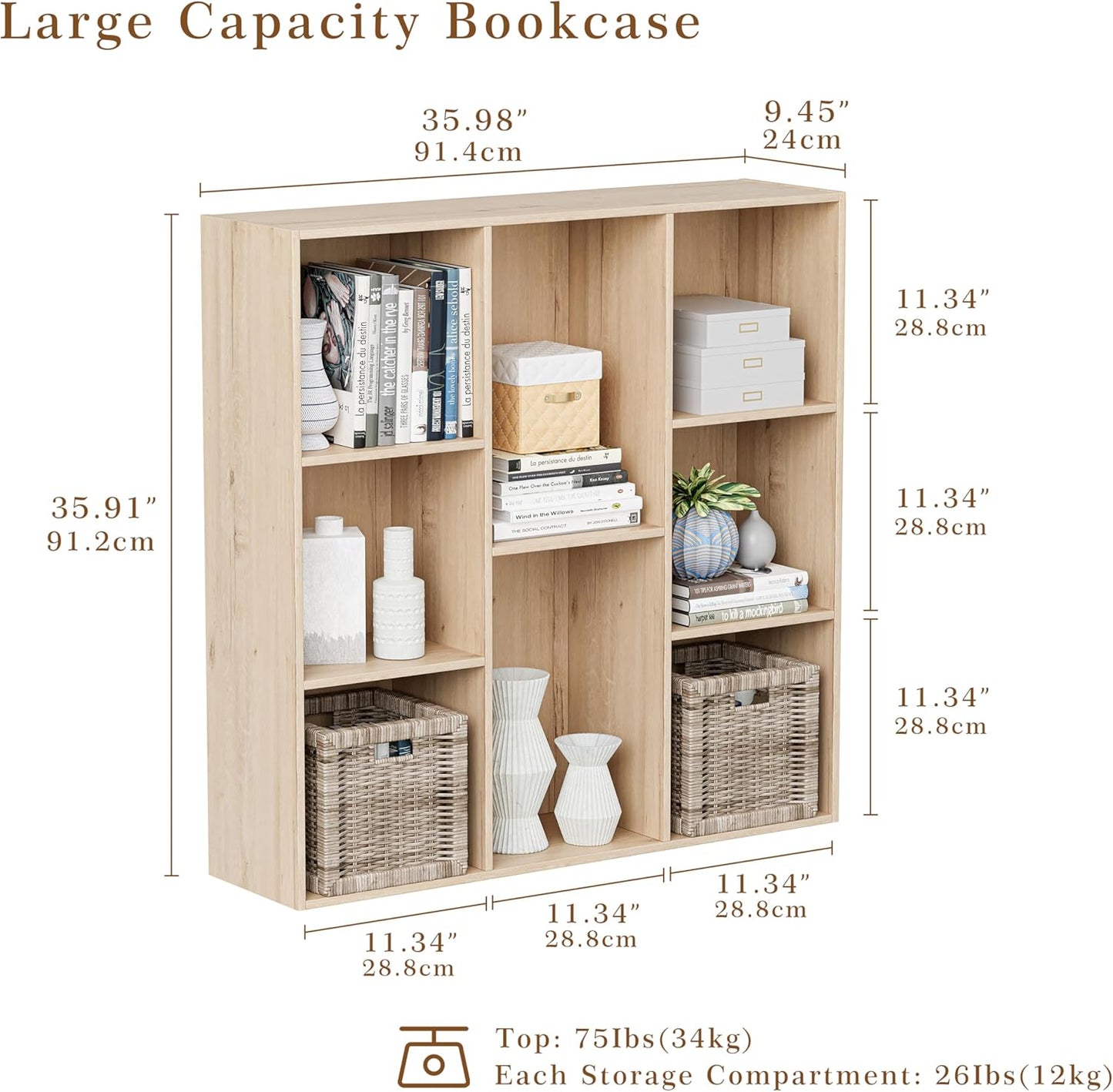 Wooden Cube Storage Organizer with Closed Back Panel, 11in Cube Shelf Opening, Bookshelf, Display Shelf,Closet Cabinet for Home and Office (White Oak, 8-Cube 35.98L*9.45W*35.91H)