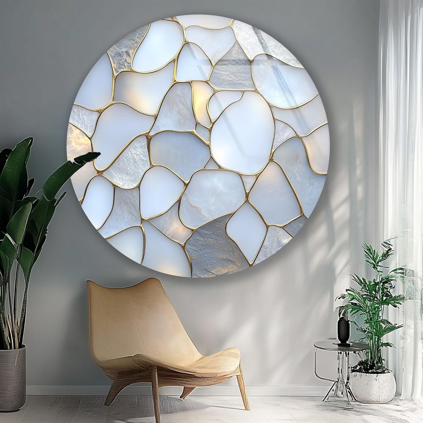My Photostation.com 31.5''(80cm) Diameter White Stone Mosaic Round Glass Wall Art Tempered Glass Printing Wall Decor Large Wall Art Wall Hangings