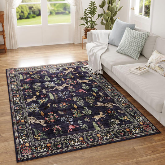 Rugcomf Area Rug 4x6 Rug Washable Boho Rugs Non Slip Low Pile Floral Animal Small Carpet for Bedroom, Bedside, Kids Room, Office, Dining Room (Blue)