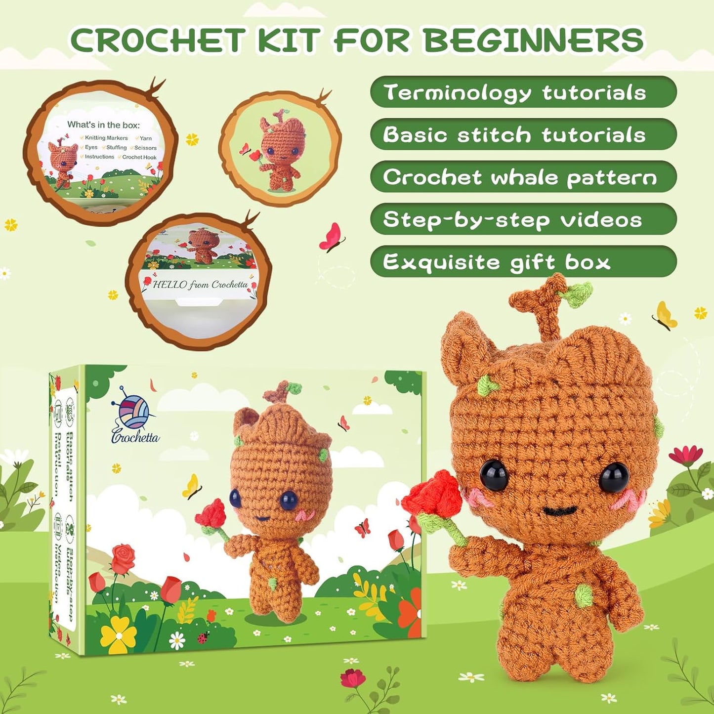 Crochetta Crochet Kit for Beginners, Crochet Starter Kit w Step-by-Step Video Tutorials, Beginner Crochet Kit for Adults Kids Women Men Complete Kit Included (Little Tree Man)