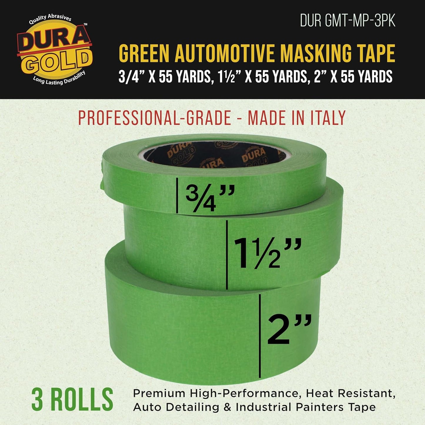 Dura-Gold Green Automotive Masking Tape 3/4, 1-1/2, 2 Inch (0.7", 1.41", 1.88" x 55 Yards), 1 Roll Each - High-Performance, Heat Resistant - Auto Refinish Painting Car Detailing Autobody Painters Tape