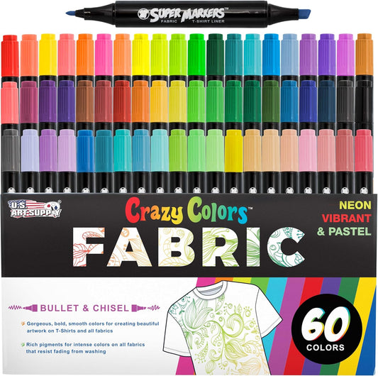 Super Markers 60 Unique Primary, Pastel, Neon Colors Dual Tip Fabric & T-Shirt Marker Set - Double-Ended Fabric Markers with Chisel Point and Fine Point Tips - Bright Vibrant Bold Permanent Ink Colors