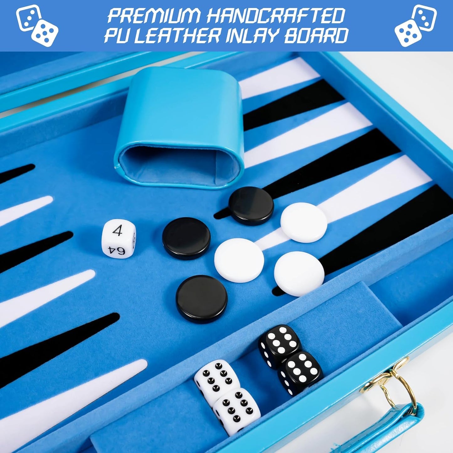 Froggod Travel Backgammon Sets for Adults – 15 Inch Premium Backgammon Set – PU Leather Case with Seamless Flocked Game Surface – Classic Board Games for 2 Player and Gift for Men(Light Blue)