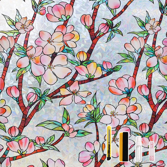 NINETREX Window Privacy Film,3D Stained Glass Window Film,Rainbow Static Cling Stickers Blocks Heat & UV,Non-Adhesive Vinyl for Home Door (Peach Blossom,17.5 x 157.4inch)