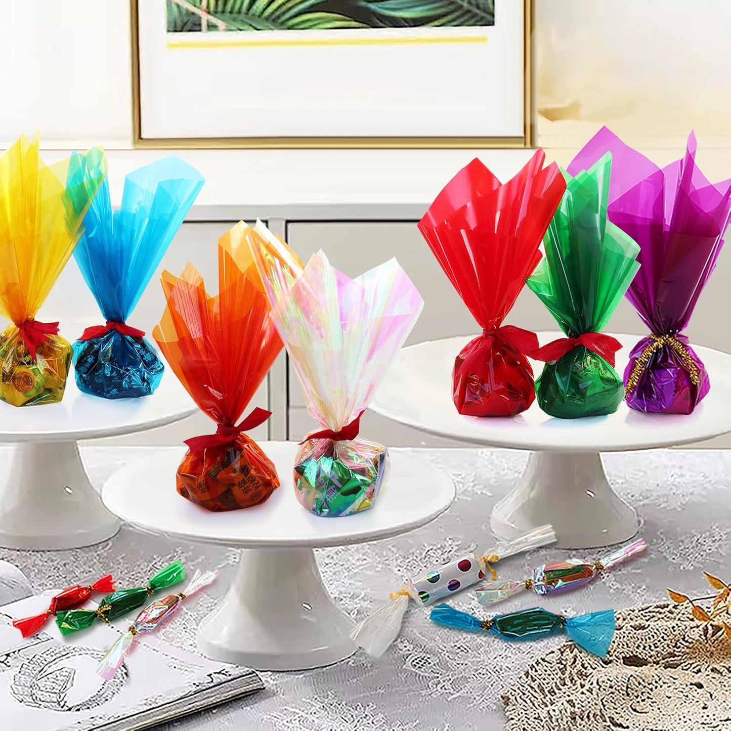 SYOGUA 8 Rolls Colored Cellophane Wrap, Extra Wide (34 in x 10 ft x 8 Colors) Cellophane Roll Transparent Color Cellophane Paper for Gift Baskets, Gift Wrapping, DIY Craft, Christmas Decoration