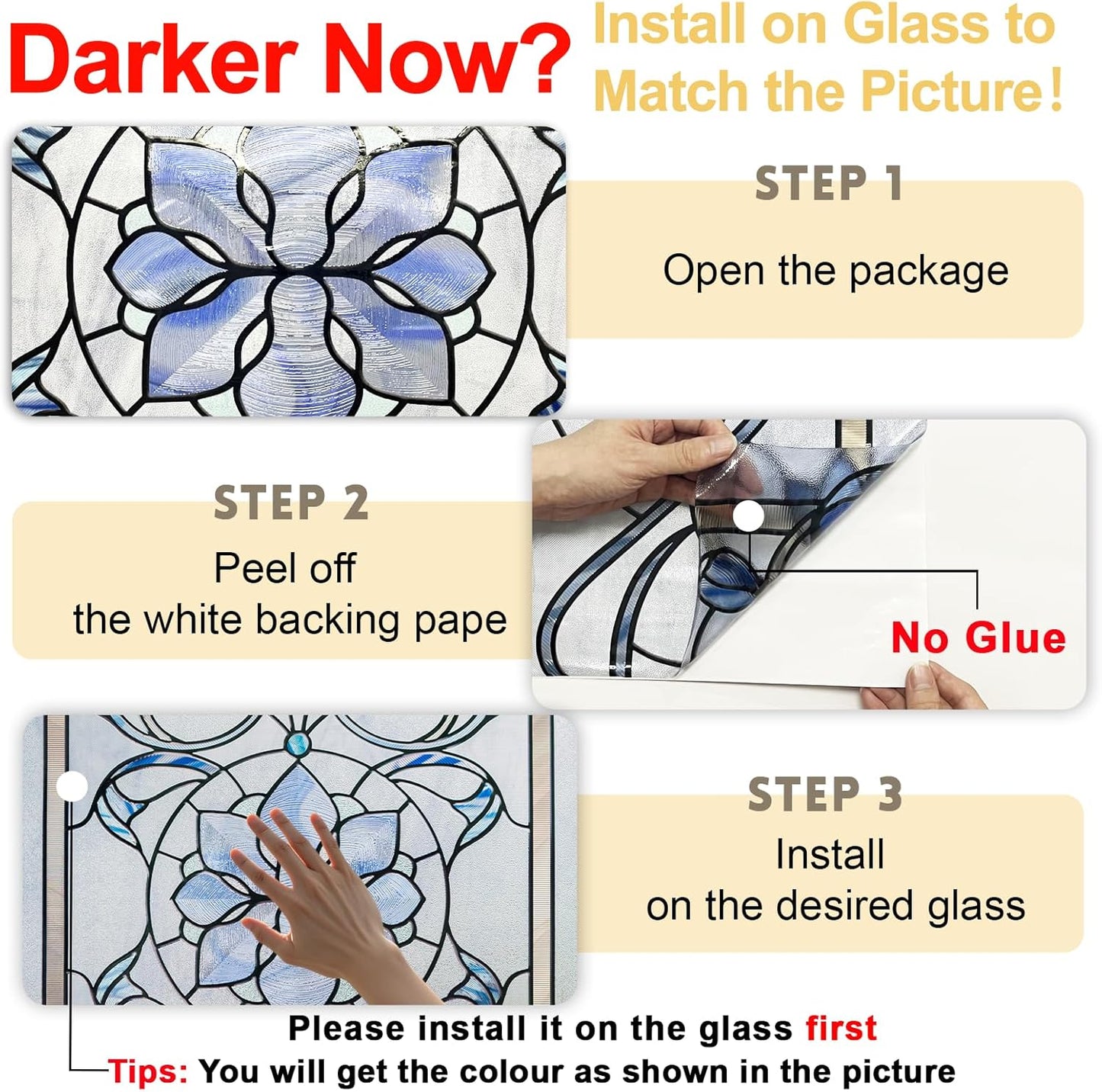 3D Stained Glass Window Privacy Film, Heat Control UV Blocking Static Cling Decorative Window Film for Bathroom,Front Door,Home Non Adhesive,23.6 x 35.4 inches Azure Bloom