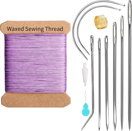 Upholstery Repair Kit, Upholstery Needle with 32 Yard Waxed Thread and 8 Pcs Heavy Duty Leather Needles for Hand Stitching, Canvas & Quilting - 0.55mm Round Waxed Thread Purple
