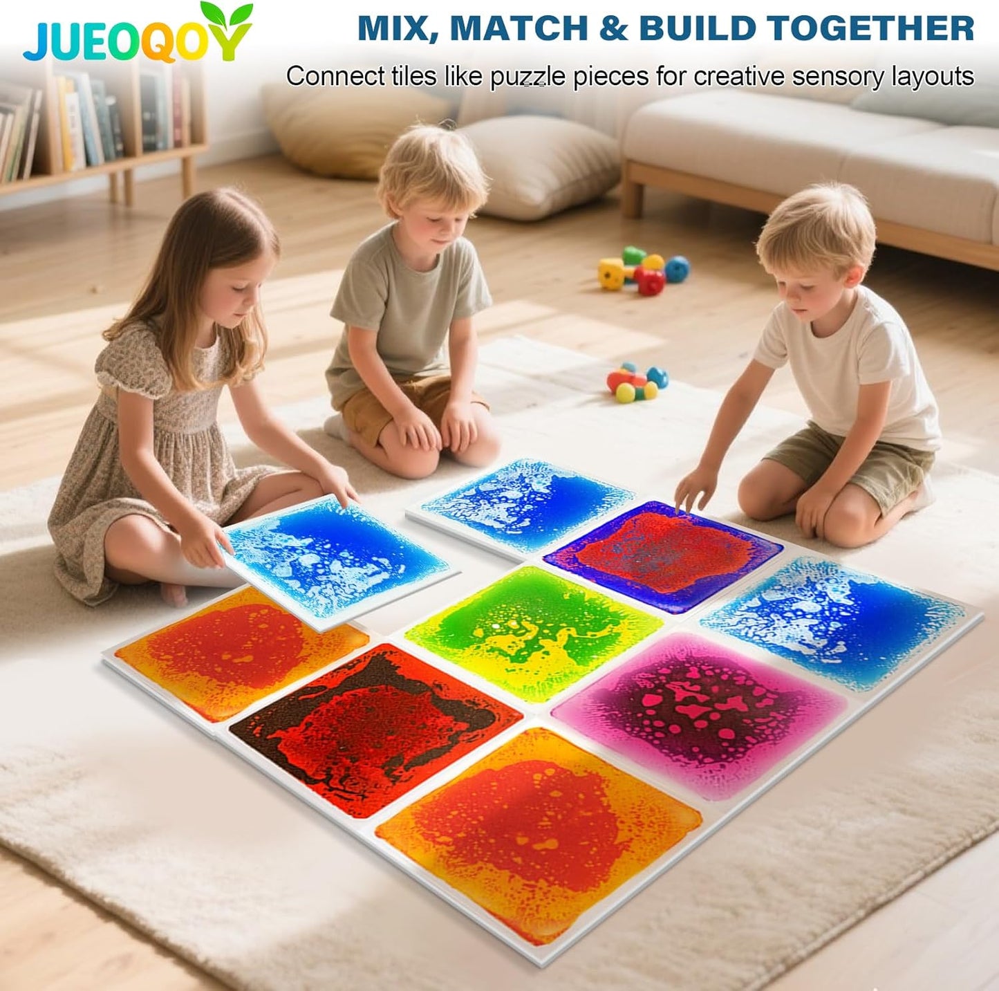 Liquid Sensory Floor Tiles for Kids Ages 3+, 12" Step-On Tiles with Non-Slip Base, Interactive Color-Flow, Assorted Colors, Classroom Sensory Path Set (6-Pack)
