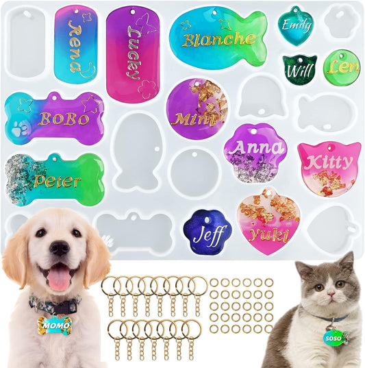 Actvty Pet Tag Resin Mold Silicone, Dog Tag Molds for Resin, Dog Bone Cat Shaped Keychain Silicone Resin Molds with 15Pcs Keychains DIY Crafts Making Tag Charm Pendant