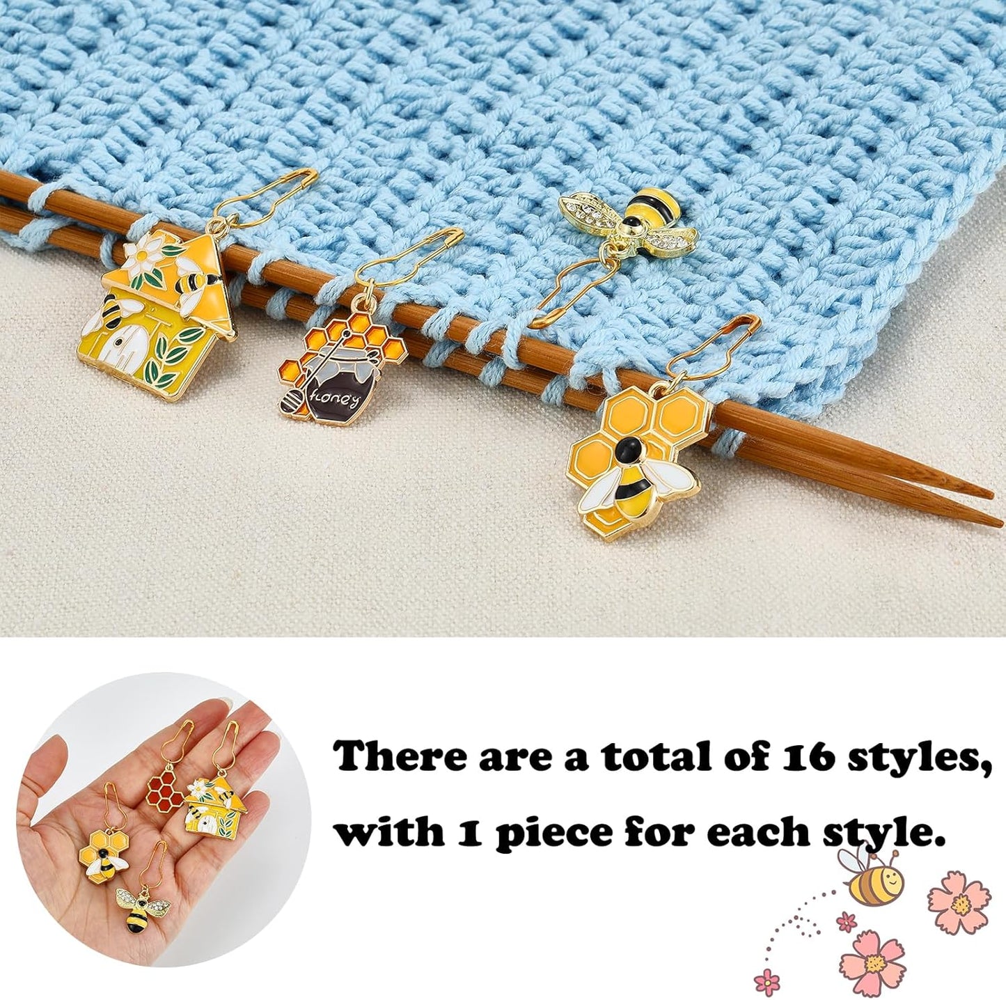 BEEFLYING 16Pcs Bee Honeycomb Stitch Marker Charms, Alloy Enamel Knitting Stitch Marker Charm Pendant for Sewing Crocheting Accessories
