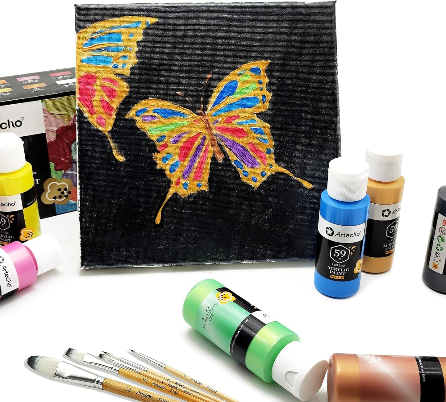 Artecho Acrylic Paint Set, 12 Metallic Colors Bottles (59ml / 2oz) Art Craft Paints for Canvas, Rock, Stone, Wood, Fabric, Art Supplies