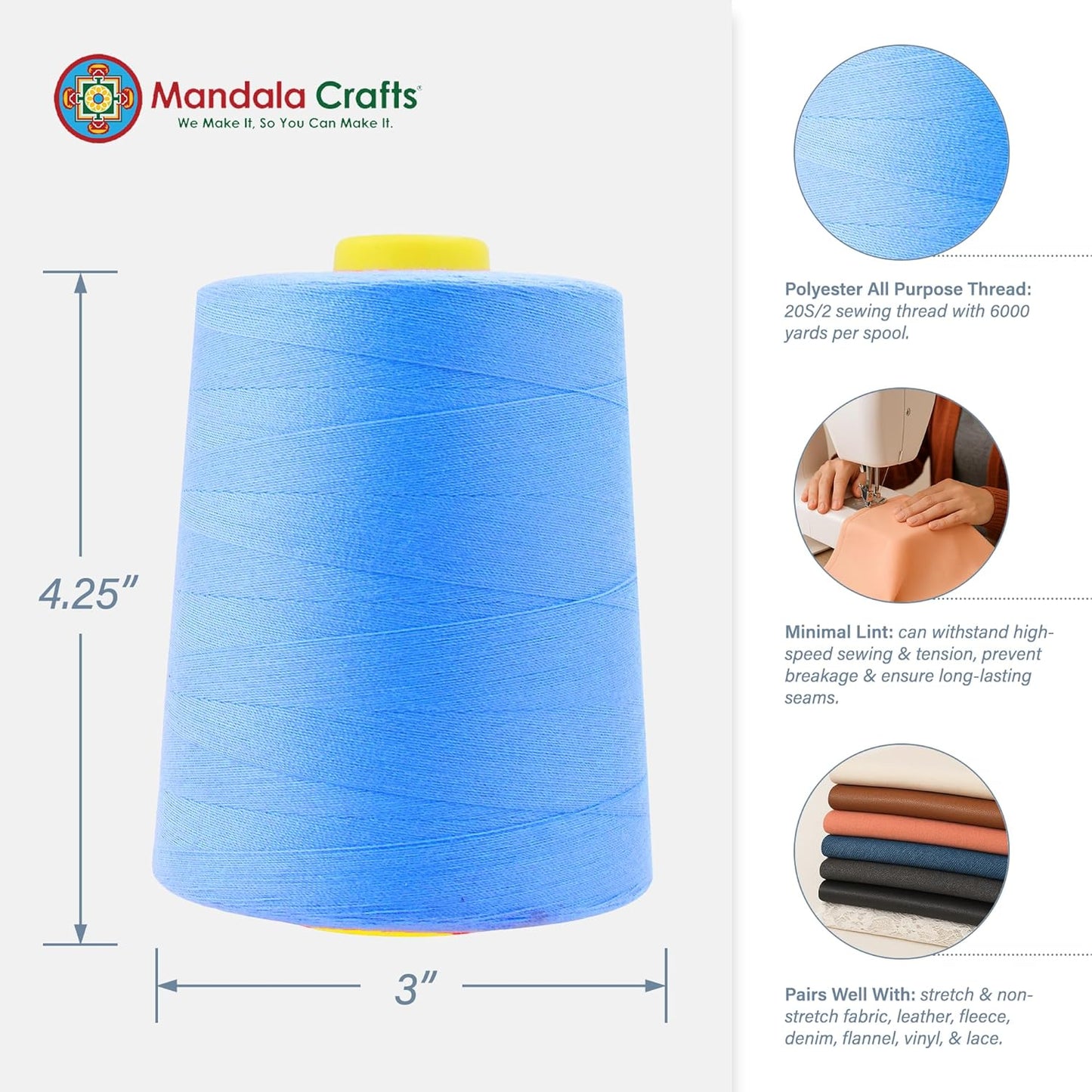 Mandala Crafts 4 Pack of Serger Threads Cones Spools - 20S/2 24000 Yards Polyester Sky Blue Threads for Sergers Machine and Overlock Quilting Sewing Machine