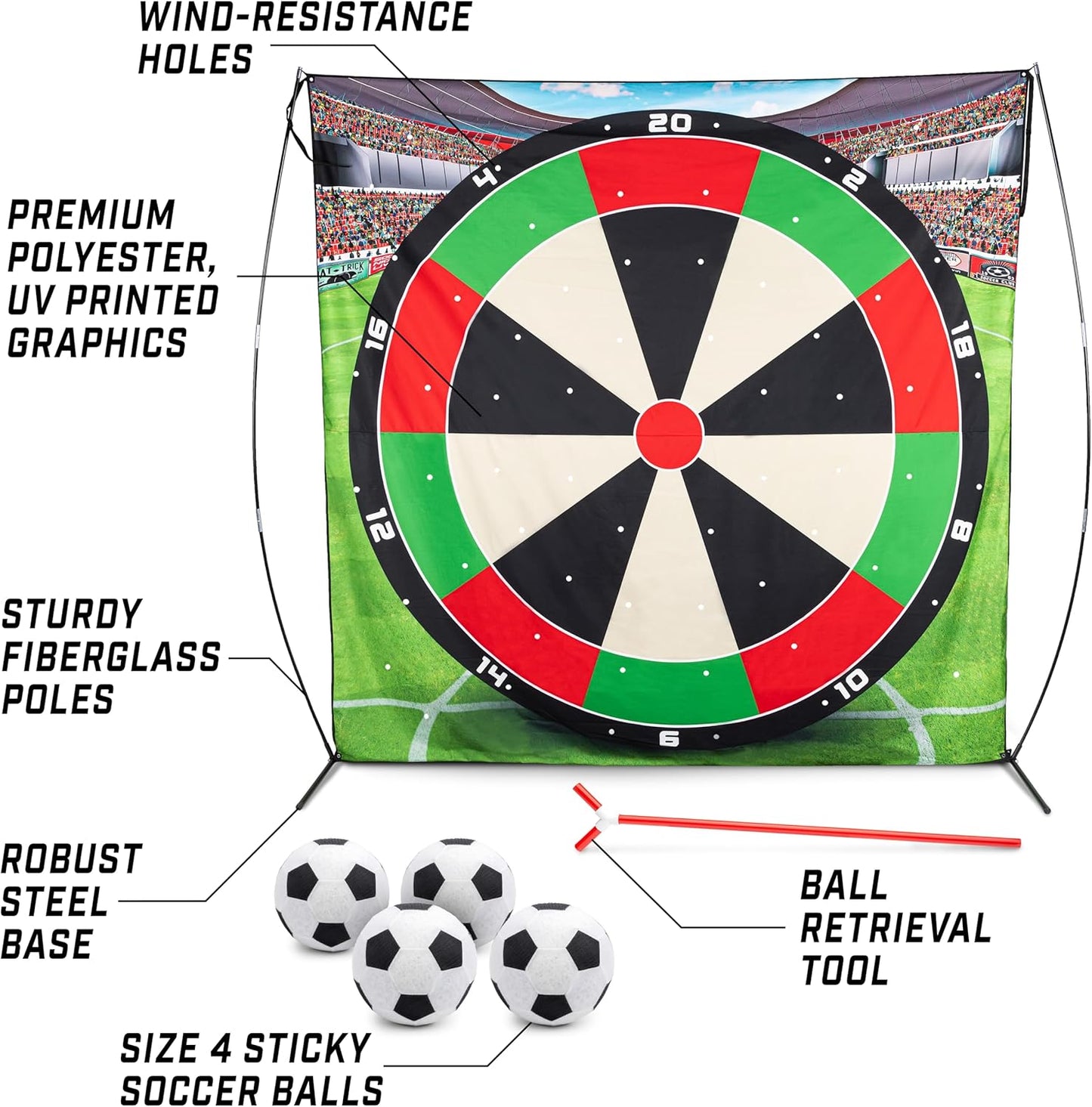 GoSports 10 FT Chip N' Stick Soccer Darts - Giant Kick Darts Game for Kids & Adults - Includes 4 Sticky Soccer Balls, Tote Bag, & Carry Case