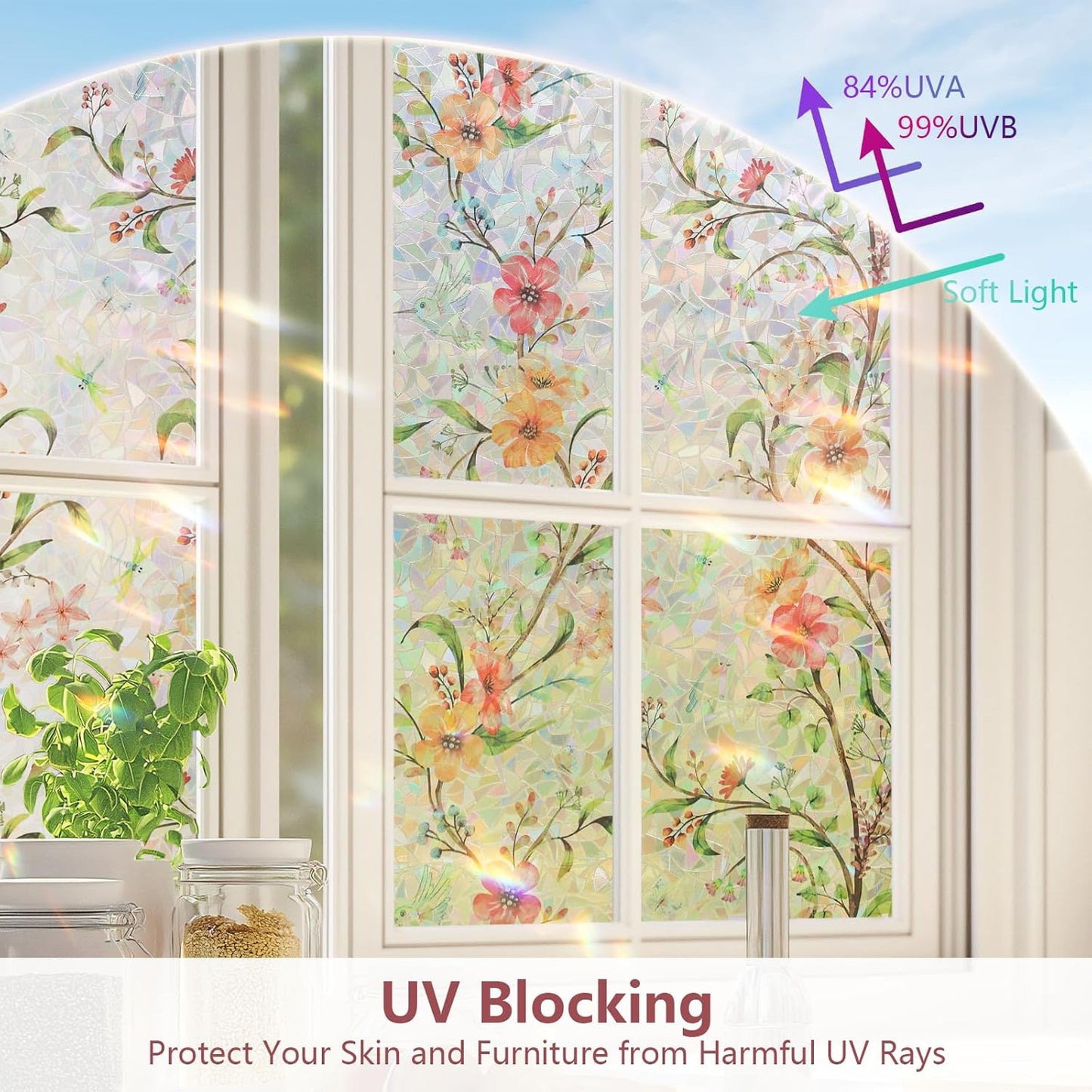 NINETREX Window Privacy Film,Stained Glass Window Film,Rainbow Decorative Stickers Static Cling Anti UV Heat Control for Home Decor (Galsang Flower,23.6 x 78.7inch)