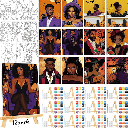 Zhanmai 12 Pack Pre Drawn Canvas for Painting Sip and Paint Kit 8" x 10" Paint Party Set Canvas Painting Pre Printed Canvases for Party Favor DIY Virtual Adult's Date Night(Witch Couple)