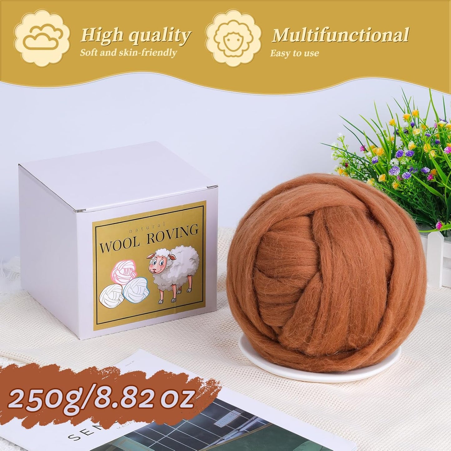 Wool Roving Bulk - 8.82oz Super Wool Chunky Yarn, Wool Roving Top for Needle Felting, Soft Felting Wool Supplies for Hand Spinning, Blending, Weaving and DIY Craft