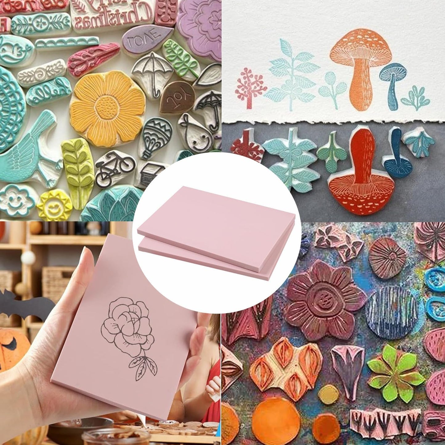 2PCS 4"x6" Pink Rubber Carving Blocks, Soft Rubber for DIY Craft Project, Linoleum Blocks for Printmaking, Stamp Making