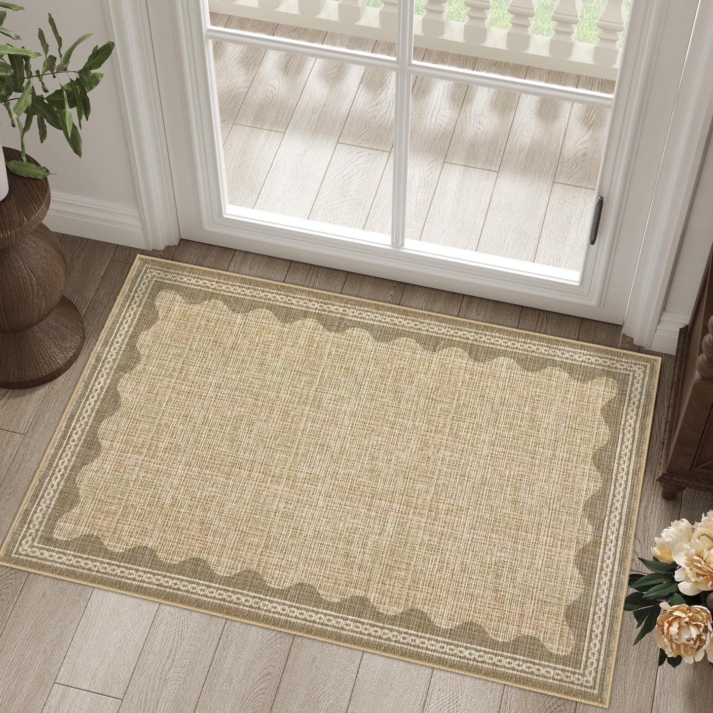 Scalloped Rug 2x3 Rugs for Entryway, Digital Print Solid Jute Rugs Small Area Rug Non Slip Scalloped Bath Mat, Washable Front Door Mat Entrance,Soft Girls Carpet Dorm for Bedroom Kitchen
