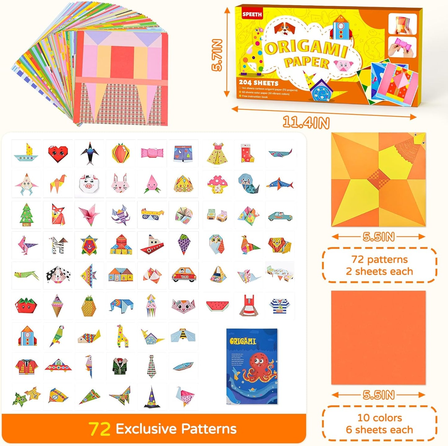 Craft Origami Paper for Kids,204 Sheets Colorful Folding Paper with 72 Patterns and Guiding Book Art Projects Kit for 5-12 Years Old Girl Boy Teen Birthday Christmas Present Preschool Educationa