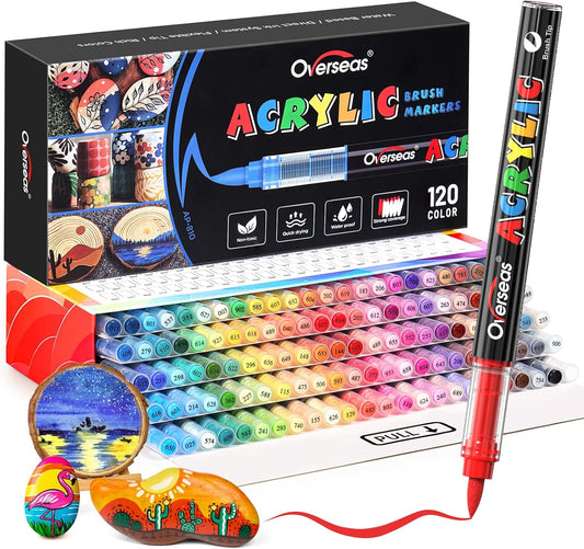 Overseas Acrylic Paint Markers 120 Colors, Brush Tip Paint Pens with Automatic Ink Control System, Quick Drying Liquid Ink Acrylic Marker for Rock, Wood, Canvas, Glass, Fabric, Metal, Plastic, Rubber