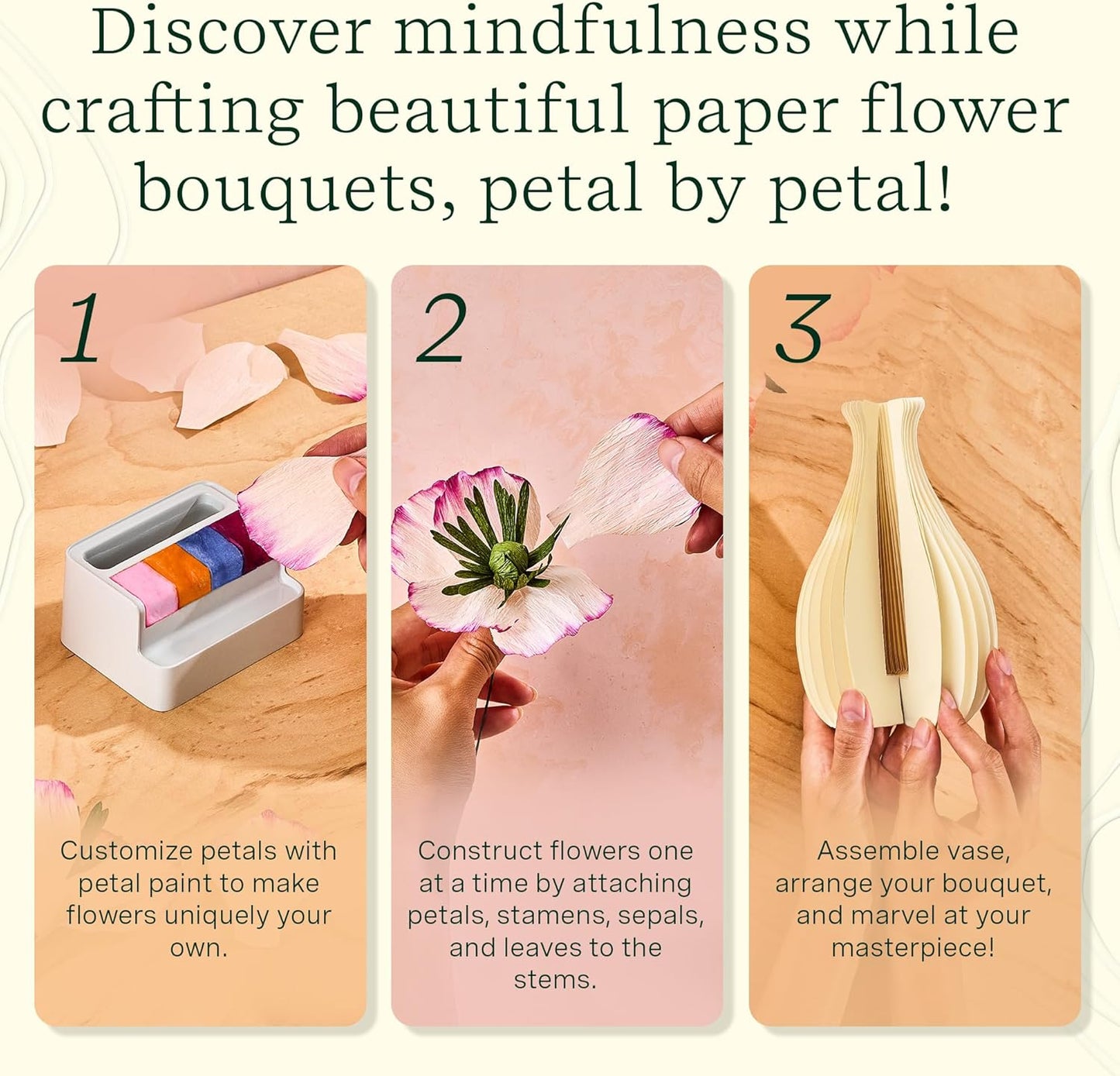 Lifelines FlowCrafts, Paper Flower Bouquet - Create a 5-Flower Bouquet with 80+ Petals, 2 Leafy Sprigs & Elegant Vase - Sensory Arts & Crafts Kit for Teens & Adults - Paper Decorations