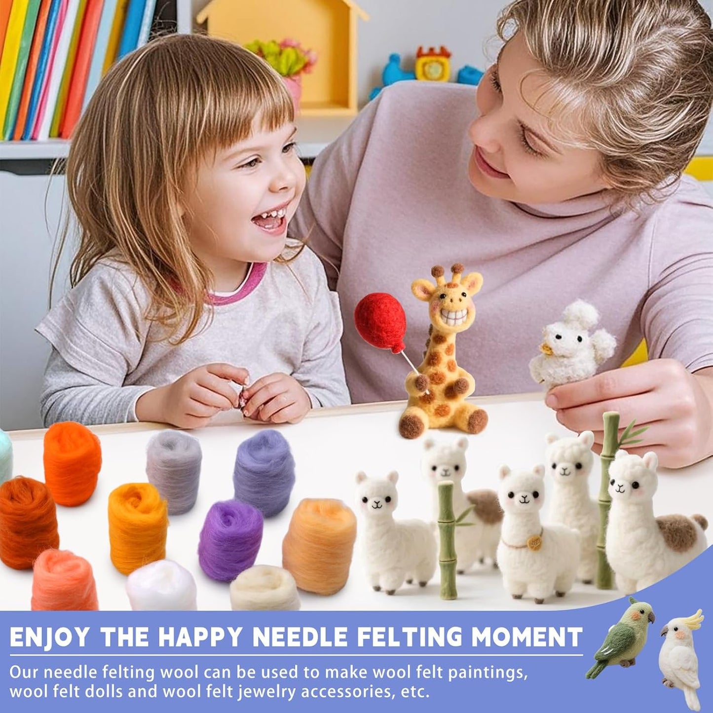 IMZAY 50 Colors Needle Felting Wool, 5g/Pack Wool Roving Yarn, 9.2 Oz Fiber Wool Roving for DIY Hand Spinning, Felting Crafts, Needle Felt Roving DIY Craft, Black/White 10g Each