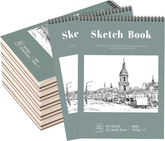 12 Pack Sketch Book, 9 x 12 Inch Sketchbook, 68lb/100gsm Top Spiral Bound Sketch Pad, Acid Free Art Supplies Drawing Painting Sketching Paper for Kids, Adults, Beginners, Artists (30 Sheets Each)
